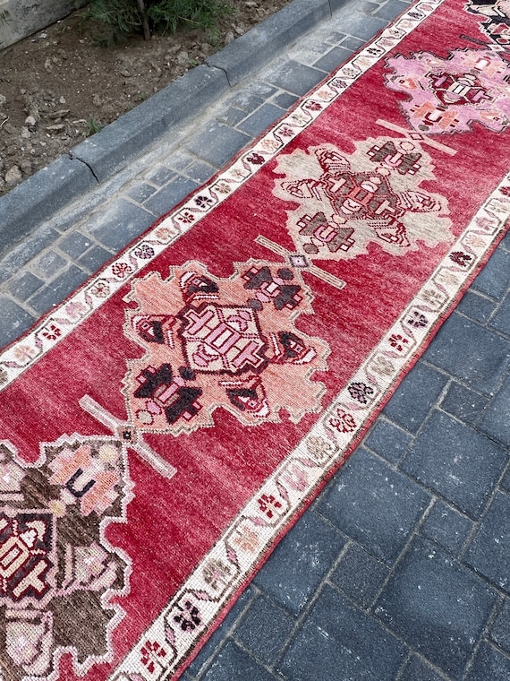Kurdish rug runner, handmade runner rug, vintage runner, corridor rug, runner rug, sugar pink and beige runner, long runner, 3x13 feet,