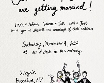 Puede incluir: Invitación de boda con una ilustración dibujada a mano de una pareja y sus invitados celebrando. La invitación dice "Caroline & Michael se casan!" e incluye la fecha, la hora y el lugar de la boda. El código de vestimenta es "Traje de cóctel."