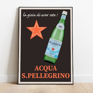 Impresión de San Pellegrino, arte de pared moderno de mediados de siglo, póster retro de los años 70, decoración de cocina negra de Italia vintage