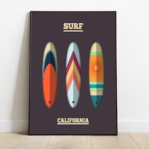 Surf California Surfboard Wall Art, Surfing Retro Decor, Colourful Decor, Original Surfing Illustration, Beach Travel Print