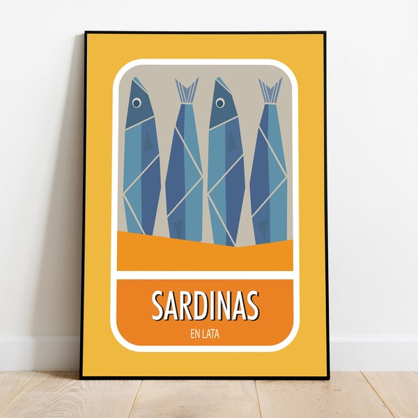 Yellow Sardines Print, Minimalist Kitchen Wall Art, Vintage Pop Art Poster, Retro Foodie Gift, Scandinavian Mid Century Modern