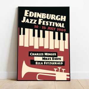 Vintage Jazz Festival Poster | Edinburgh Print Mid Century Modern Wall Art | Miles Davis | Ella Fitzgerald | Retro Kitchen | Jazz Lover Gift