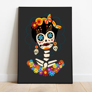 Sugar Skull Print, Mid Century Modern Wall Art, Day of The Dead Butterfly Print, Mexican Poster, Minimalist Decor