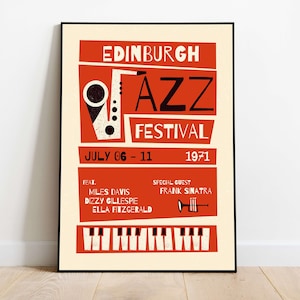 Manifesto jazz di Edimburgo, manifesto del festival vintage, stampa jazz, stile moderno di metà secolo, Miles Davis, Ella Fitzgerald, festival jazz, stampa artistica retrò
