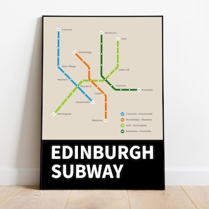 Métro d'Édimbourg, carte de voyage Édimbourg, décoration moderne du milieu du siècle, affiche de voyage d'Édimbourg, art mural rétro