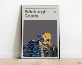 Plakat z Zamkiem Edynburskim, wydruk podróżniczy z podróży po Szkocji w stylu mid-century modern, fioletowa sztuka ścienna w stylu retro z lat 60. XX wieku, dekoracja kuchni, prezent dla niej