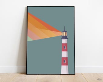 Blue Lighthouse Poster - Mid Century Modern Nautical Print, 1960s Retro Rainbow Stripe