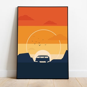 VW Campervan Print, Rainbow Poster, Travel Wall Art, Minimalist Decor, Sunset Kitchen Print