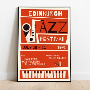 Edinburgh Jazz Poster, Vintage Jazz Print, Jazz Fan, Mid Century Modern, Miles Davis, Ella Fitzgerald, Jazz Festival, Retro Kitchen Wall Art