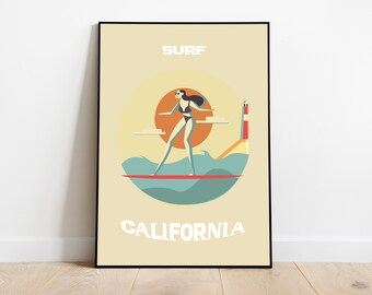 Surferin in Kalifornien Kunstdruck, Vintage Surfing Poster, Surfer Kunst, Surfbrett, Retro ästhetisches Poster, Original Illustration Sport Geschenk