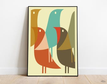 Geometric Birds Poster - Mid Century Modern Art Print, Retro Abstract Flock Wall Art