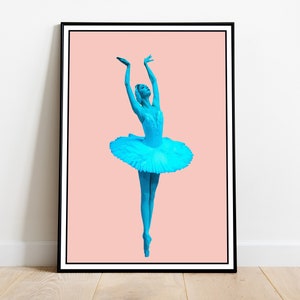 May include: A blue ballerina in a white tutu poses on a pink background. The ballerina's arms are raised above her head and she is on pointe.