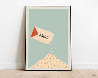 May include: A framed wall art print featuring a light blue background with a beige container tilted to pour out small orange dots onto a pile of the same orange dots. The container has a red triangular corner and the text SAULT printed in black.
