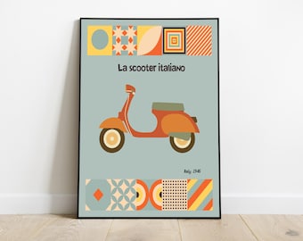 Italian Scooter Poster - 60s Retro Travel Art Print, Mid Century Modern Wall Art