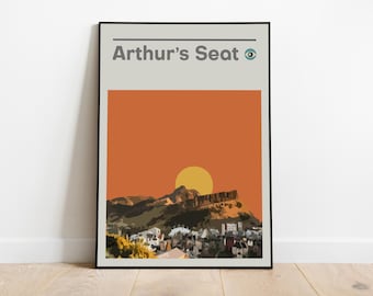 Edinburgh Travel Poster - Arthur's Seat Sunset Skyline, Mid Century Modern Print