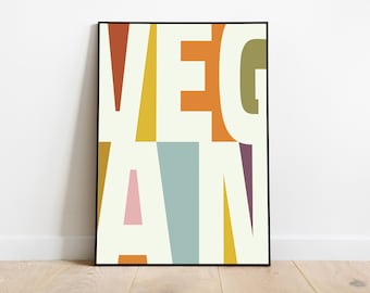 Veganistische kunst aan de muur, typografieprint, eigenzinnige kleurrijke muurkunst, cadeau voor fijnproever, moderne kunstafdruk uit het midden van de eeuw, trendy kunst aan de muur wordt afgedrukt