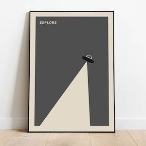 Poster spaziale, arte murale minimalista anni '60, arredamento moderno di metà secolo, regalo retrò, stampa da cucina nera, razzo fantascientifico minimalista