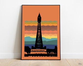 Blackpool Tower Giclee Print, Funky Orange Retro Poster, Mid Century Modern Travel Print, 60s Pop Culture Wall Art, Beach Town