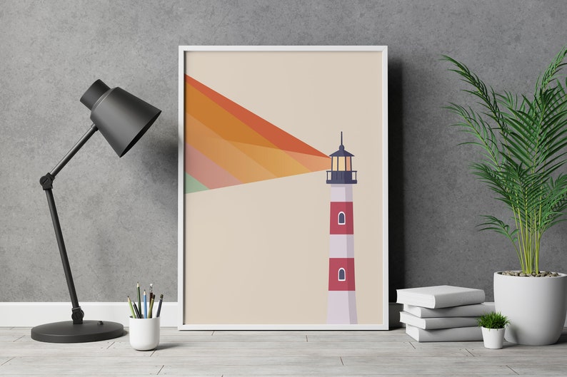 Lighthouse Poster - Rainbow Pride Coastal Art Print, Retro Mid Century Wall Art Gift image 2