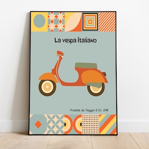 Impresión de Vespa, póster vintage moderno de mediados de siglo, arte mural de los años 60, impresión retro de ciclomotor scooter de Italia, póster vintage hecho a mano, cultura pop