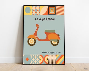 Póster de scooter italiana Vespa de los años 60 - Arte mural retro de ciclomotor de mediados de siglo
