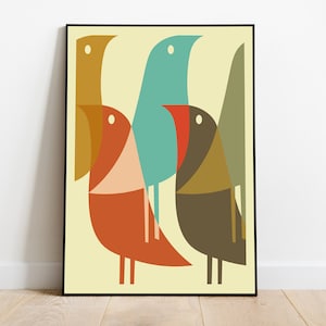 Póster retro minimalista de cultura pop con estampado geométrico de pájaros en rosa y azul de mediados de siglo para pared, arte minimalista de cocina MCM
