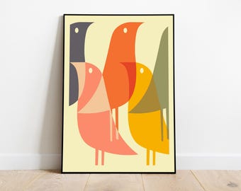 Geometric Bird Poster - Mid Century Pop Art, Colorful Minimalist Retro Print