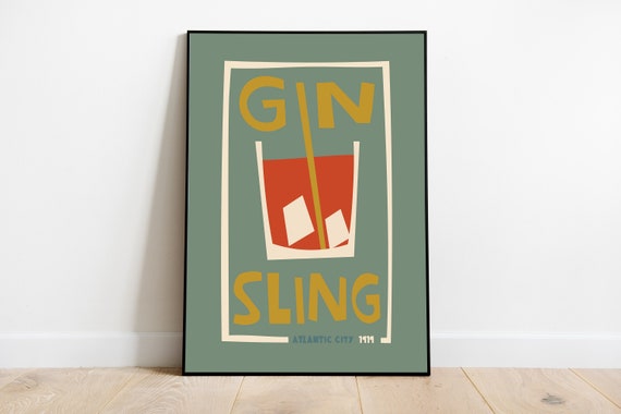 Gin Sling Poster, Retro Cocktail Bar Art Print