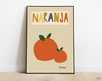 Orangenfrucht-Print, Wandbild für die Küche im Sevilla-Stil, Retro-Poster mit mediterraner Küche
