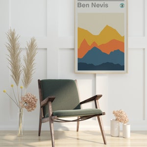 May include: A framed print with a minimalist design of mountains in shades of blue, orange, and yellow. The print has the text "Ben Nevis" at the top and a small circle with a blue and green design in the top right corner.