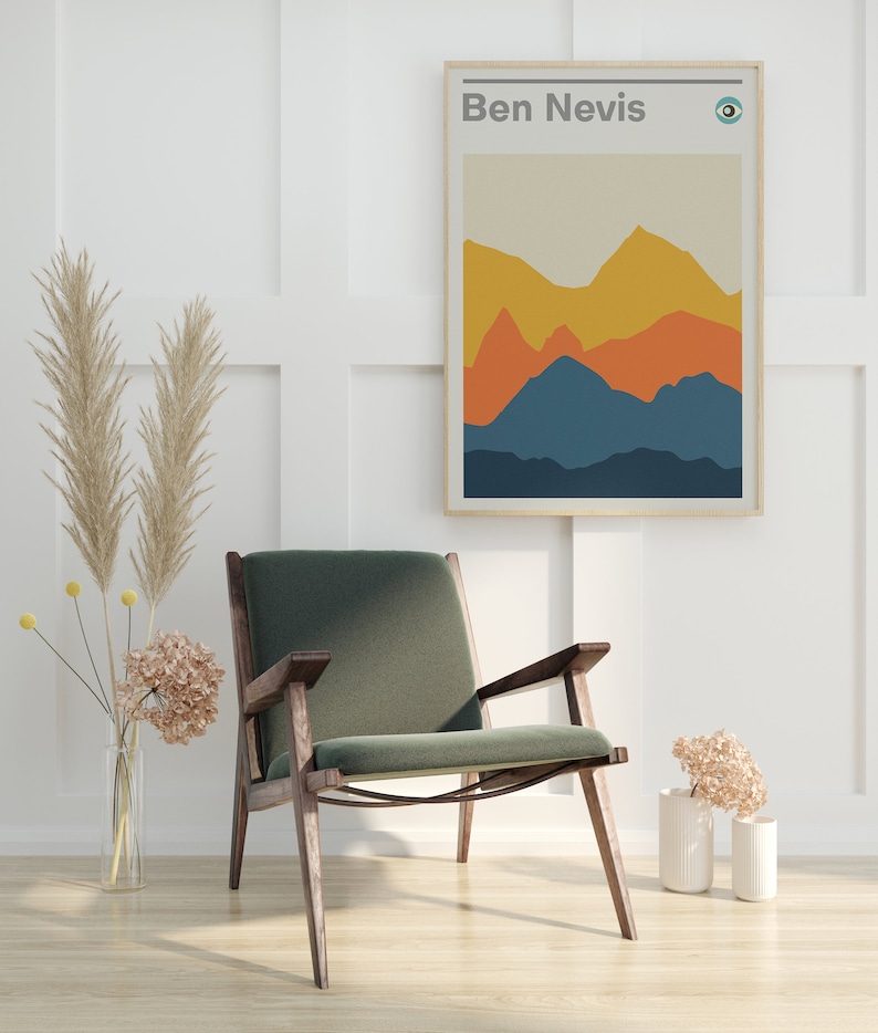 May include: A framed print with a minimalist design of mountains in shades of blue, orange, and yellow. The print has the text "Ben Nevis" at the top and a small circle with a blue and green design in the top right corner.