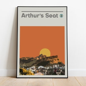 Skyline della città di Edimburgo, vulcano Arthur's Seat, stampa turistica di Edimburgo, arredamento di metà secolo, poster turistico della Scozia, illustrazione originale