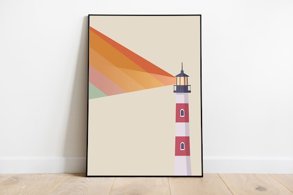 Pride Rainbow Stripe Lighthouse Poster, Mid Century Modern 1960s Pop Art Print, Retro Nautical Coastal Kitchen Wall Art