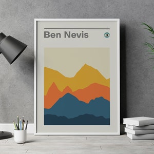 May include: A framed print with a minimalist design featuring a mountain range in shades of blue, orange, and yellow. The title "Ben Nevis" is printed at the top of the print.