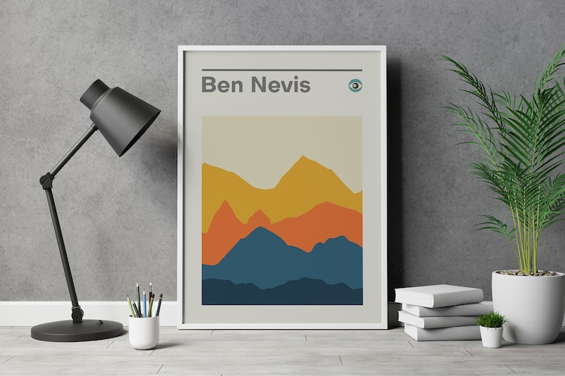 May include: A framed print with a minimalist design featuring a mountain range in shades of blue, orange, and yellow. The title "Ben Nevis" is printed at the top of the print.