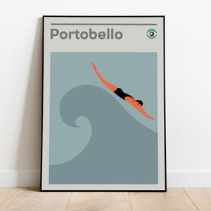 Impresión de la playa de Portobello, Edimburgo, regalo para nadador, arte de pared moderno de mediados de siglo, póster minimalista de natación, decoración retro de los años 60
