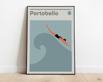 Portobello Beach Swimming Poster - Mid Century Modern Edinburgh Print, 1960s Retro Wall Decor