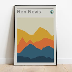 May include: A framed poster with a minimalist design featuring a mountain range in shades of blue, orange, and yellow. The poster is titled "Ben Nevis" with a small eye icon in the top right corner.