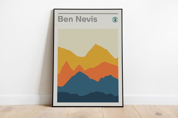 Ben Nevis Scotland Minimalist Mountain Print - Mid-Century Retro Travel Poster