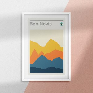 May include: A framed print with a minimalist design featuring a stylized mountain range in shades of blue, orange, and yellow. The title "Ben Nevis" is printed at the top of the print.