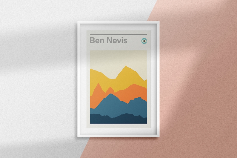 May include: A framed print with a minimalist design featuring a stylized mountain range in shades of blue, orange, and yellow. The title "Ben Nevis" is printed at the top of the print.