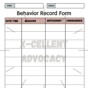 May include: A blank behavior record form with the title "Behavior Record Form" and the headings "Date/Time", "Behavior", "Antecedent", and "Consequence". The form also includes a section for "Additional Notes/Observations".