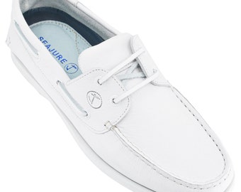 Seajure Damen Bootsschuhe Zagare - Leder In Weiß & Marineblau, Handgefertigt In Portugal