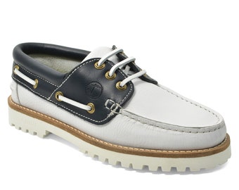 Women’s Boat Shoes Seajure Zagare White and Navy Blue Leather