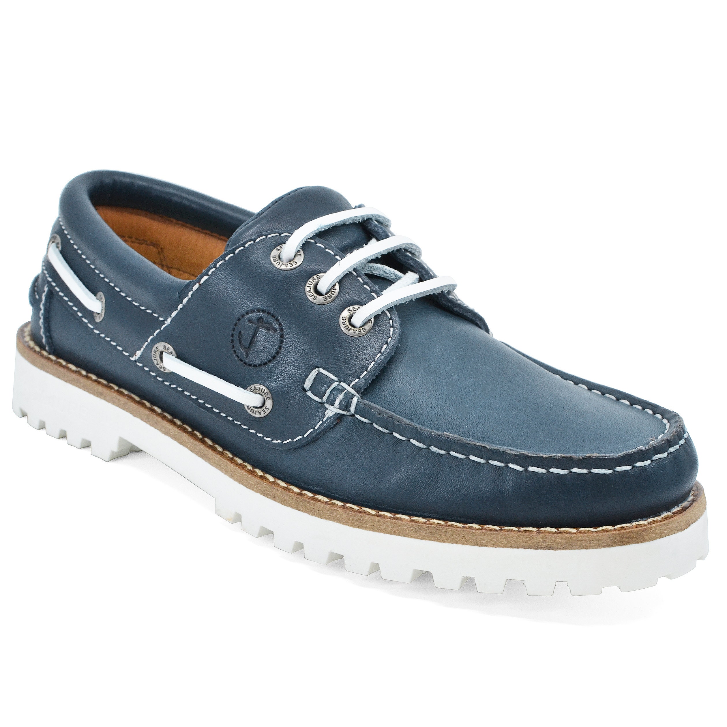 Womens Boat Shoes Seajure Sibang Leather Navy Blue and White 