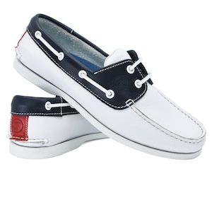 Men’s Boat Shoes Seajure Navagio White, Navy Blue and Red Leather
