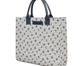 Seajure Atol Tote Bag Embroidered Linen Navy Blue and White