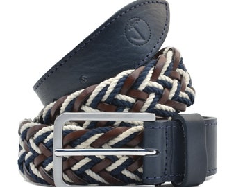 Men’s Seajure Braided Nautical Rope and Leather Belt Navy, Brown and Cream