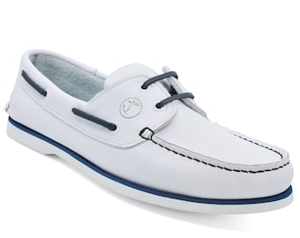 Men’s Boat Shoes Seajure Sauvage White and Navy Blue Leather