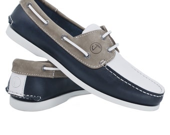 Men’s Boat Shoes Seajure Vendicari Navy Blue, White and Camel Leather and Nubuck